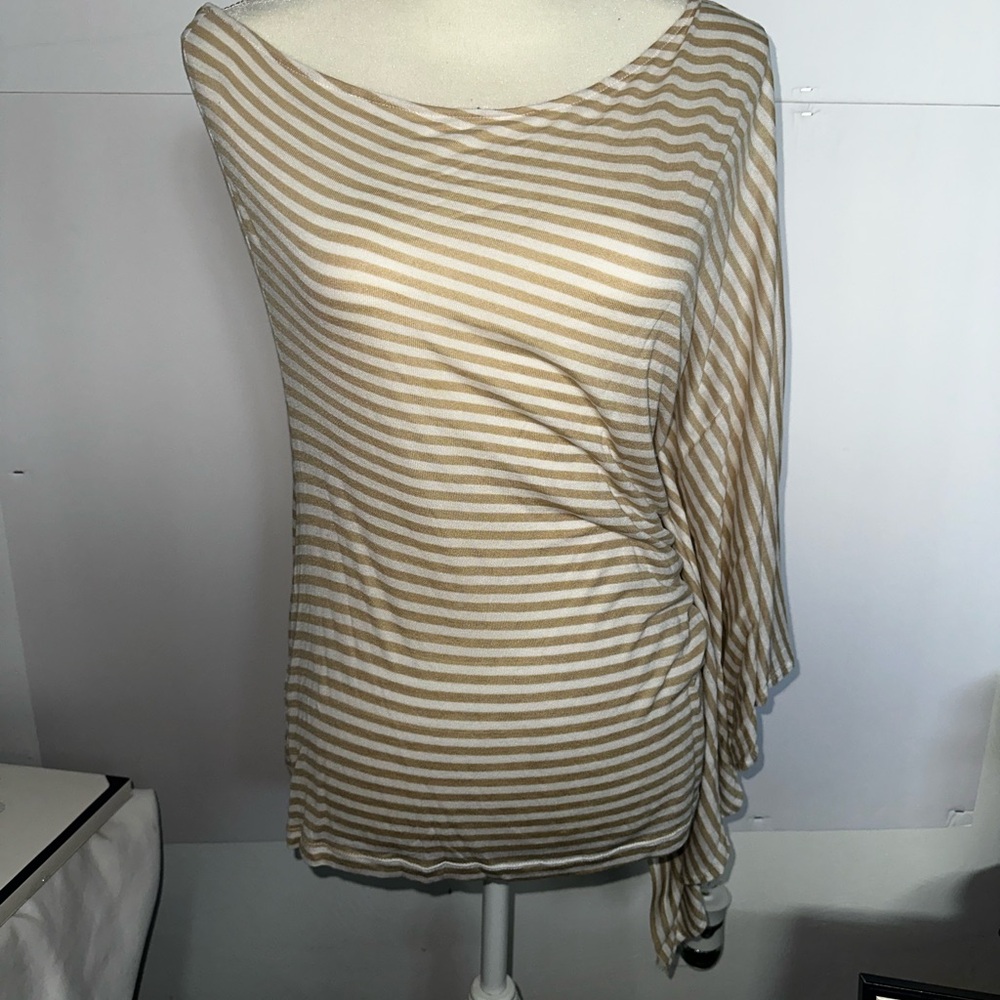 New York & Company One-Shoulder Striped Dress in Beige and White